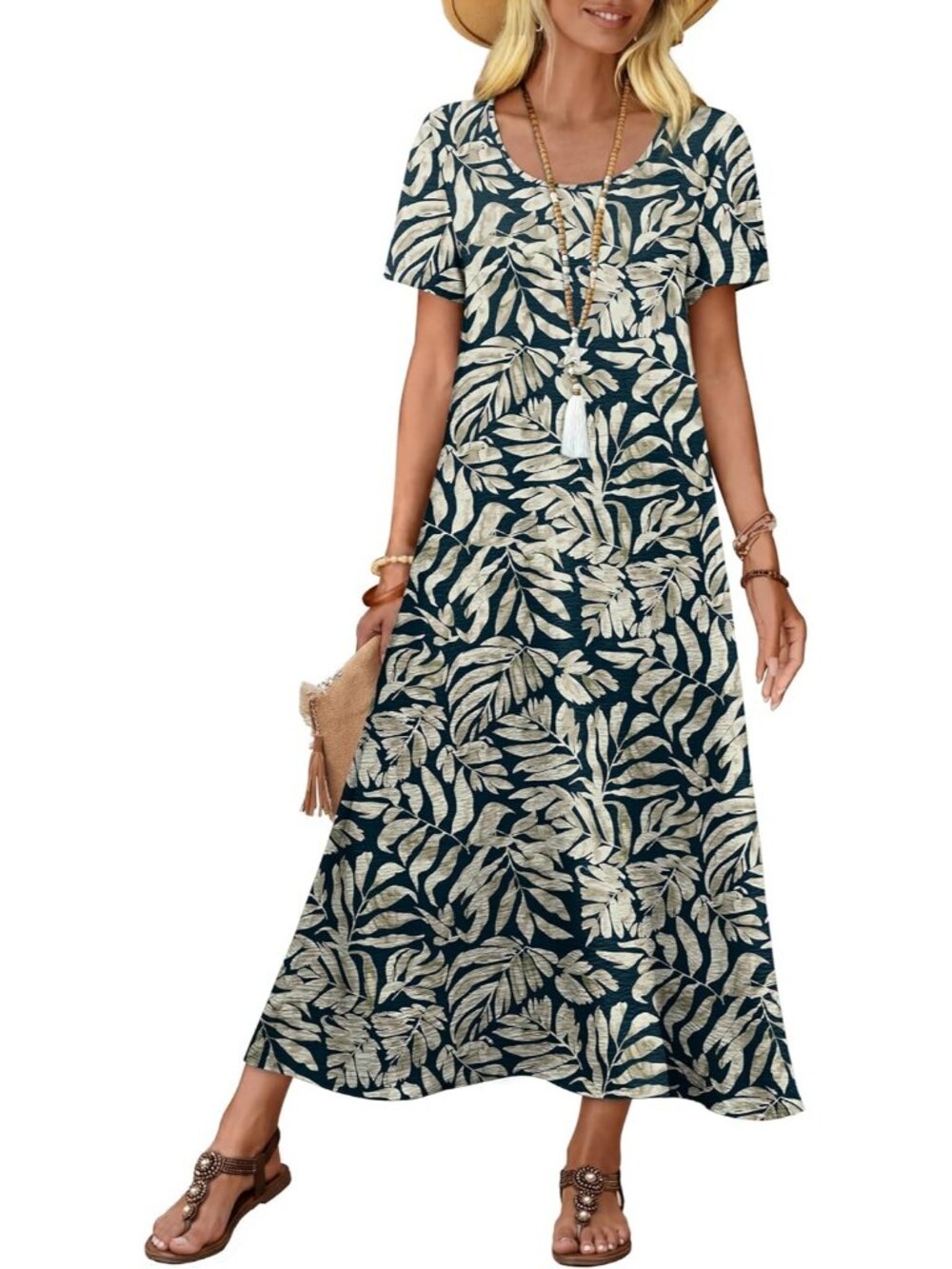 Women Dress Midi Leaves Polyester Crew Neck Short Sleeve Lightweight  Summer